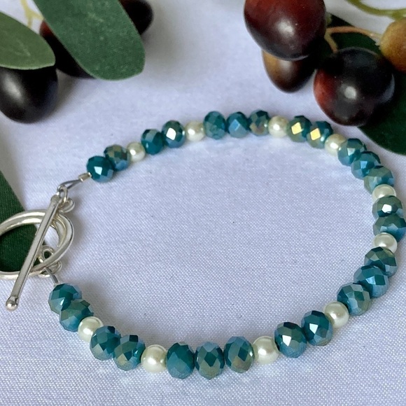 STERLING silver & glass bead bracelet 8” - Picture 2 of 9